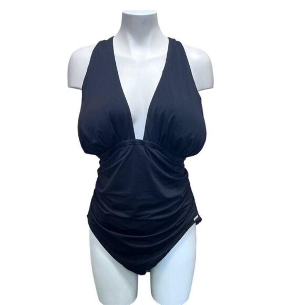MICHAEL Michael Kors Shirred Cross Front One Piece Swimsuit - Iconic Solids - Picture 3 of 10